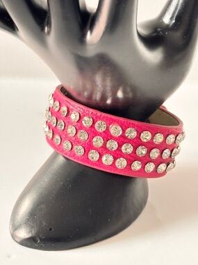 🌷5/25$ Crystal Studded Neon Pink Faux Leather Strap Bracelet - Adjustable up